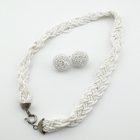 Vintage White Beaded Necklace Clip On Earring Set Braided Statement Jewelry - Picture 7 of 10